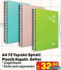 GIPTA A4 72 YAPRAKLI SPİRALLİ PLASTİK KAPAKLI DEFTER ÇİZGİLİ/KARELİ